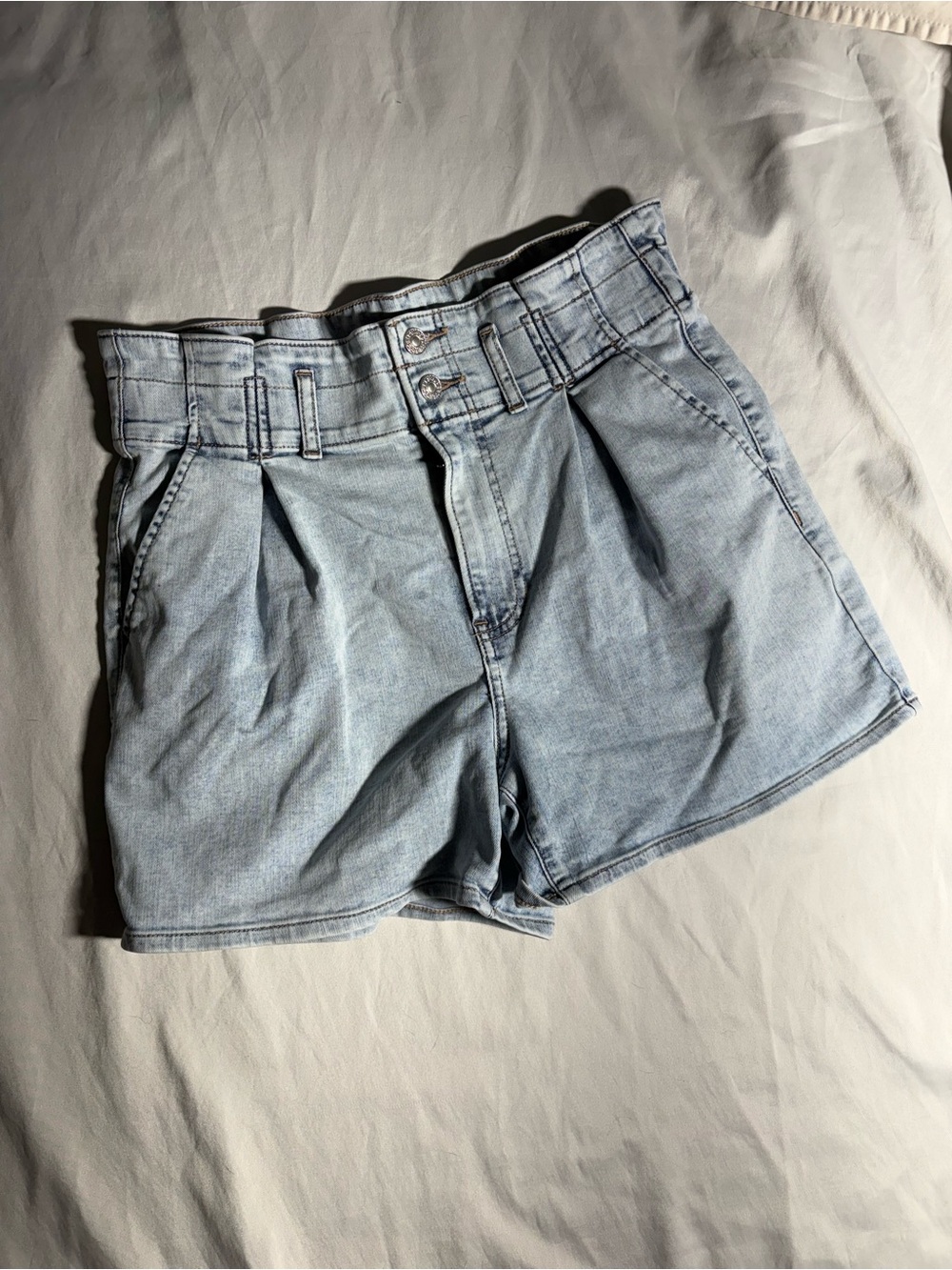 Express Light Blue High-Waist Pleated Jean Shorts